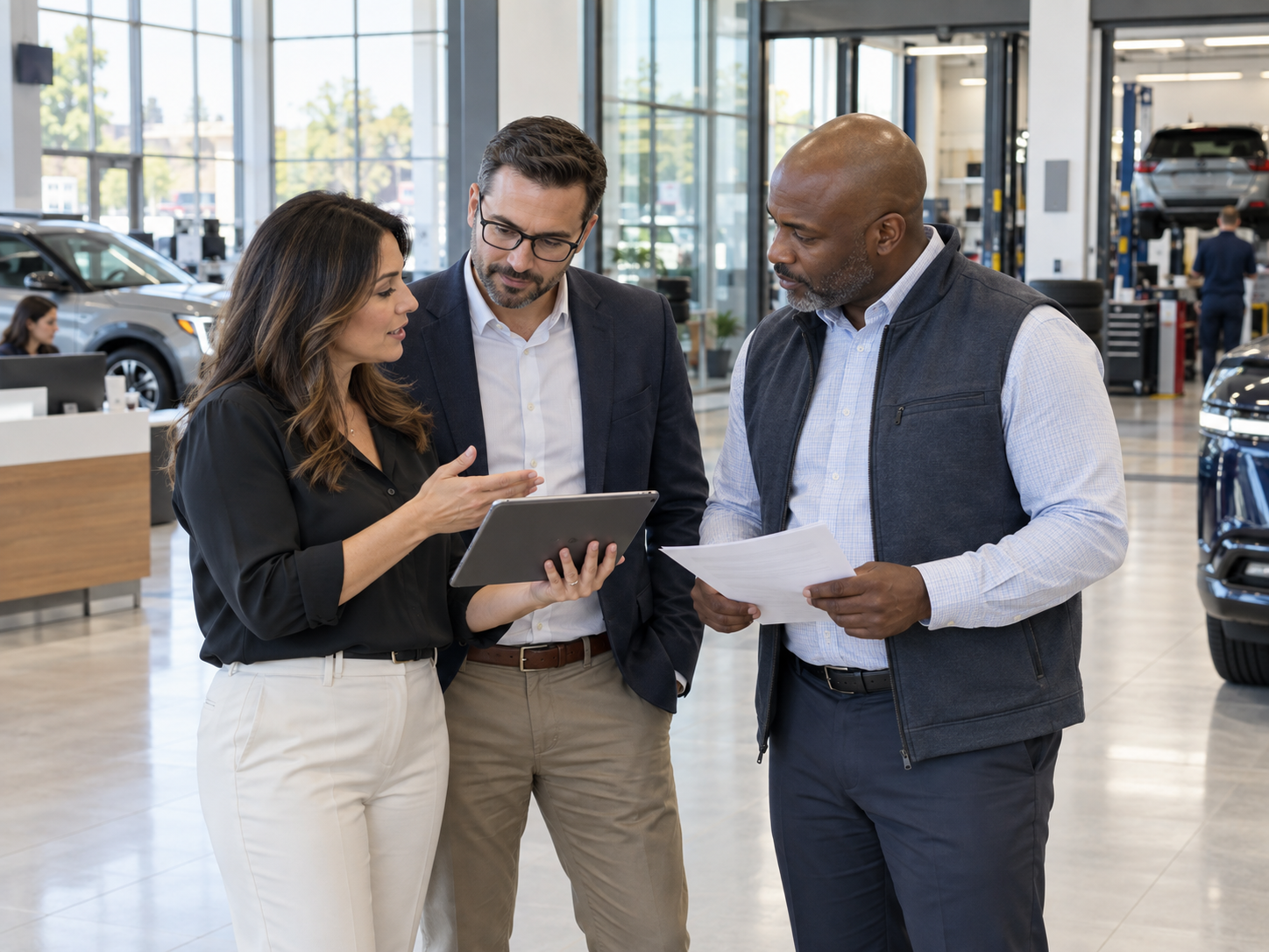 Dealership team reviewing a vehicle and customer workflow